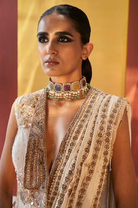 Buy Priyanka Singh Ivory Net, Georgette Sequins, Zari Pre-draped Zardozi Embroidered Saree With Top Online at Aza Fashions Buy_Priyanka Singh_Ivory Net, Georgette Sequins, Zari Pre-draped Zardozi Embroidered Saree With Top _Online_at_Aza_Fashions