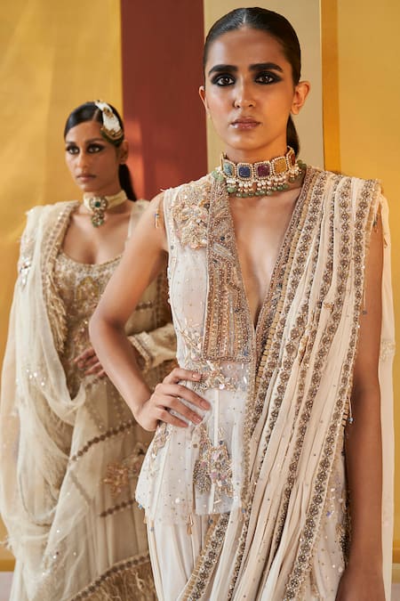 Shop Priyanka Singh Ivory Net, Georgette Sequins, Zari Pre-draped Zardozi Embroidered Saree With Top Online at Aza Fashions Shop_Priyanka Singh_Ivory Net, Georgette Sequins, Zari Pre-draped Zardozi Embroidered Saree With Top _Online_at_Aza_Fashions