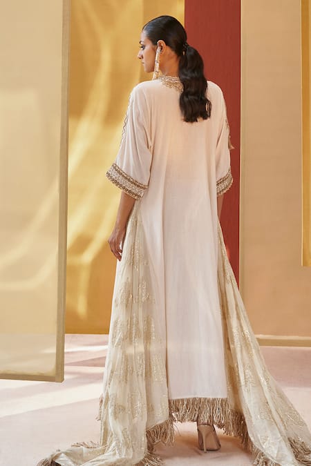 Shop Priyanka Singh Ivory Cotton Sequins, Zari Round Neck Zardozi And Jute Embroidered Pheran Set at Aza Fashions Shop_Priyanka Singh_Ivory Cotton Sequins, Zari Round Neck Zardozi And Jute Embroidered Pheran Set _at_Aza_Fashions