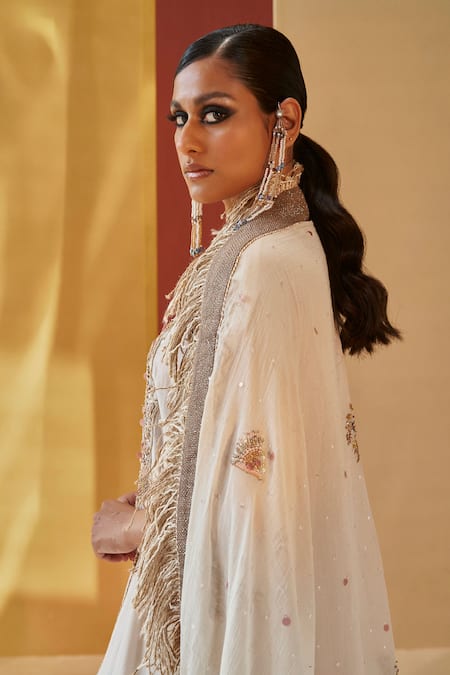 Shop Priyanka Singh Ivory Cotton Sequins, Zari Round Neck Zardozi And Jute Embroidered Pheran Set Online at Aza Fashions Shop_Priyanka Singh_Ivory Cotton Sequins, Zari Round Neck Zardozi And Jute Embroidered Pheran Set _Online_at_Aza_Fashions