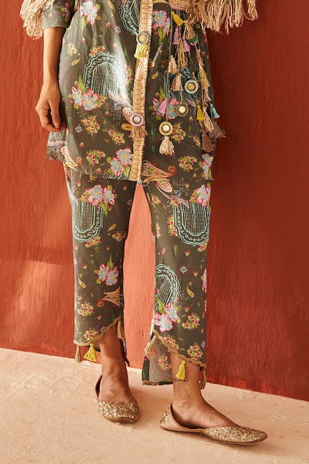 Priyanka Singh Green Cotton Embroidery, Sequins, Floral Print And Jute Work Shirt With Pant Online at Aza Fashions Priyanka Singh_Green Cotton Embroidery, Sequins, Floral Print And Jute Work Shirt With Pant _Online_at_Aza_Fashions
