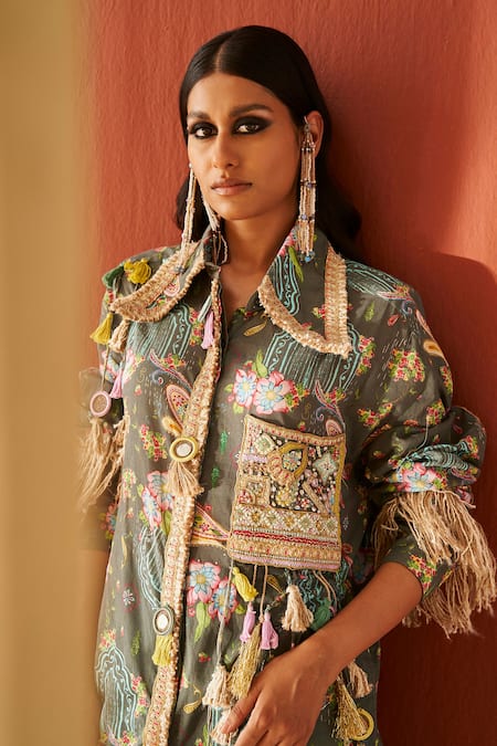 Shop Priyanka Singh Green Cotton Embroidery, Sequins, Floral Print And Jute Work Shirt With Pant Online at Aza Fashions Shop_Priyanka Singh_Green Cotton Embroidery, Sequins, Floral Print And Jute Work Shirt With Pant _Online_at_Aza_Fashions