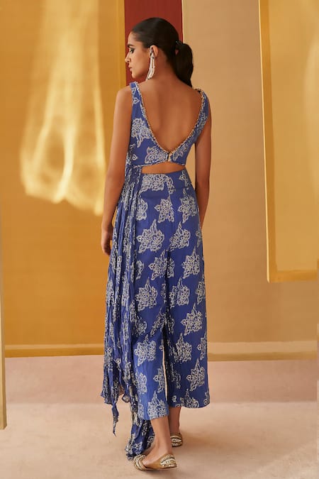 Shop Priyanka Singh Blue Cotton, Lurex Embroidery V-neck Floral Pattern Blouse With Pant at Aza Fashions Shop_Priyanka Singh_Blue Cotton, Lurex Embroidery V-neck Floral Pattern Blouse With Pant _at_Aza_Fashions