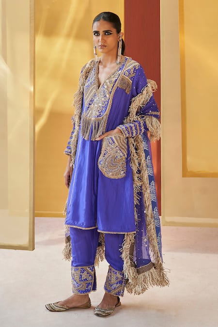 Priyanka Singh Blue Silk Embroidery Zardozi V Neck Kurta Salwar Set  