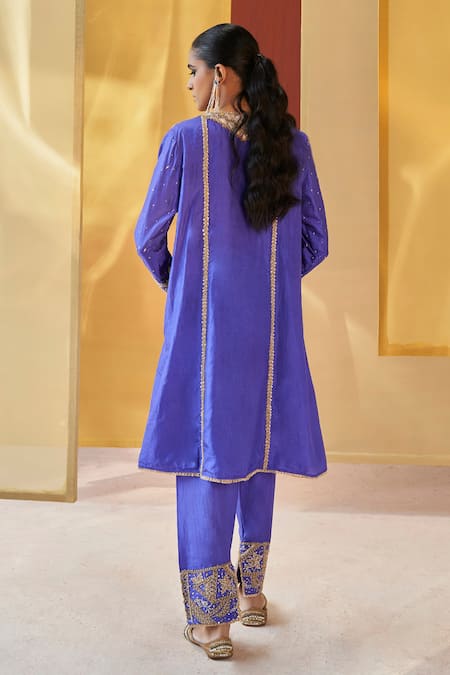 Priyanka Singh Blue Silk, Organza Fringe, Sequins V-neck Zardozi Embroidered Kurta Salwar Set Online at Aza Fashions Priyanka Singh_Blue Silk, Organza Fringe, Sequins V-neck Zardozi Embroidered Kurta Salwar Set _Online_at_Aza_Fashions