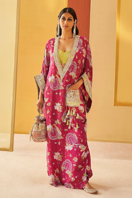 Priyanka Singh Pink Silk Embroidery Floral Bloom Print Pheran Kaftan And Jogger Set 