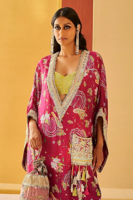 Buy_Priyanka Singh_Pink V-neck Floral Print Zardozi Kaftan And Jogger Set _Online_at_Aza_Fashions