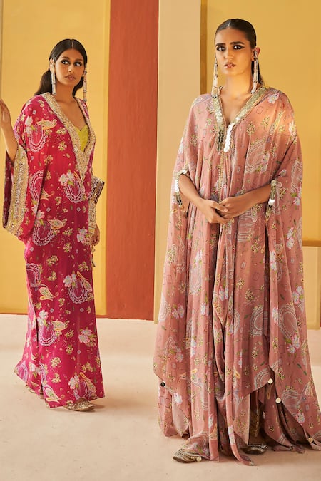 Shop_Priyanka Singh_Pink V-neck Floral Print Zardozi Kaftan And Jogger Set _Online_at_Aza_Fashions
