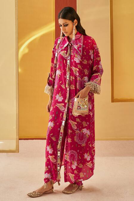 Priyanka Singh Pink Crepe Tassels Collared Floral And Paisley Print Tunic With Pant Online at Aza Fashions Priyanka Singh_Pink Crepe Tassels Collared Floral And Paisley Print Tunic With Pant _Online_at_Aza_Fashions
