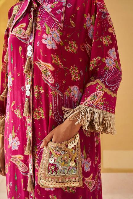 Buy Priyanka Singh Pink Crepe Tassels Collared Floral And Paisley Print Tunic With Pant Online at Aza Fashions Buy_Priyanka Singh_Pink Crepe Tassels Collared Floral And Paisley Print Tunic With Pant _Online_at_Aza_Fashions