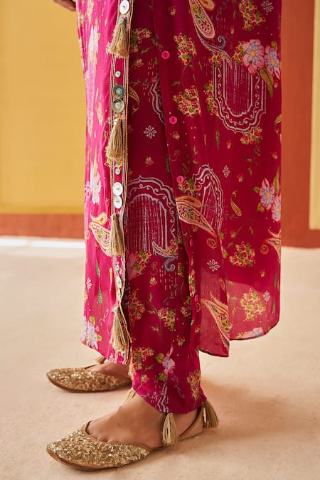 Shop Priyanka Singh Pink Crepe Tassels Collared Floral And Paisley Print Tunic With Pant Online at Aza Fashions Shop_Priyanka Singh_Pink Crepe Tassels Collared Floral And Paisley Print Tunic With Pant _Online_at_Aza_Fashions