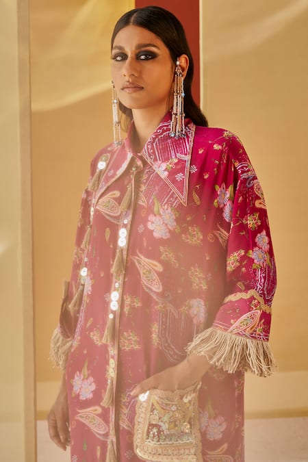Priyanka Singh Pink Crepe Tassels Collared Floral And Paisley Print Tunic With Pant at Aza Fashions Priyanka Singh_Pink Crepe Tassels Collared Floral And Paisley Print Tunic With Pant _at_Aza_Fashions