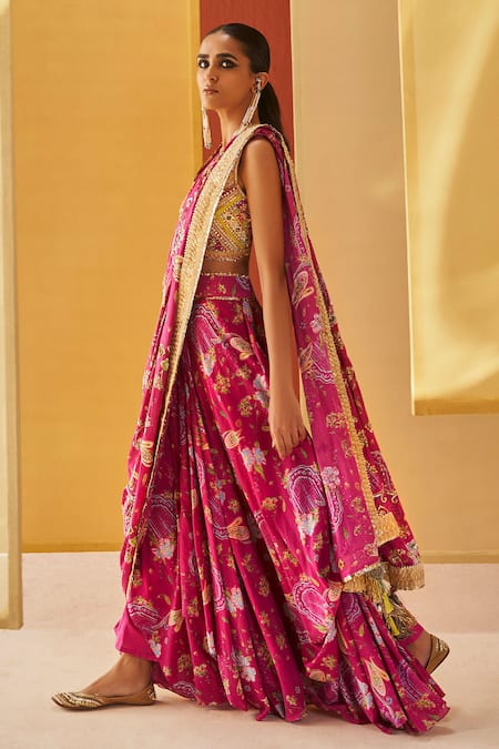 Priyanka Singh Pink Cotton Zari, Sequins V-neck Floral Print Pre-draped Saree Set Online at Aza Fashions Priyanka Singh_Pink Cotton Zari, Sequins V-neck Floral Print Pre-draped Saree Set _Online_at_Aza_Fashions
