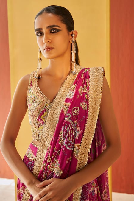 Buy Priyanka Singh Pink Cotton Zari, Sequins V-neck Floral Print Pre-draped Saree Set Online at Aza Fashions Buy_Priyanka Singh_Pink Cotton Zari, Sequins V-neck Floral Print Pre-draped Saree Set _Online_at_Aza_Fashions