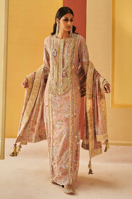 Priyanka Singh Beige Cotton Embroidery Resham Round Neck Floral Kurta Set  