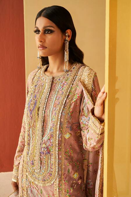 Shop Priyanka Singh Beige Cotton Embroidery, Zari Round Neck Floral Resham Kurta Set Online at Aza Fashions Shop_Priyanka Singh_Beige Cotton Embroidery, Zari Round Neck Floral Resham Kurta Set _Online_at_Aza_Fashions