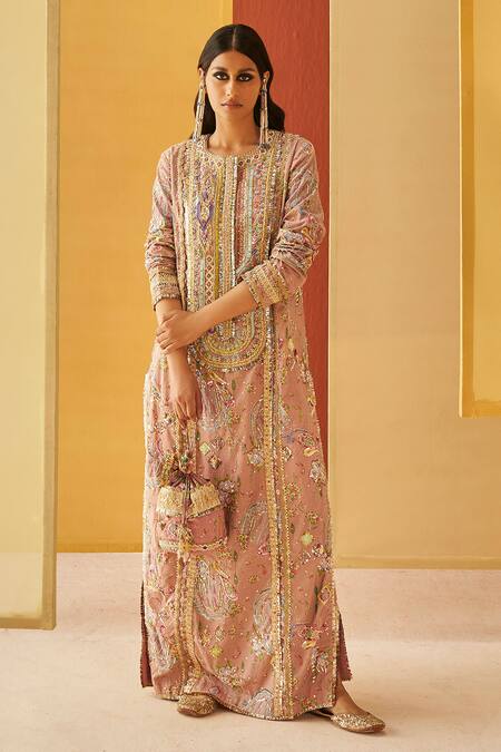 Priyanka Singh Beige Cotton Embroidery, Zari Round Neck Floral Resham Kurta Set at Aza Fashions Priyanka Singh_Beige Cotton Embroidery, Zari Round Neck Floral Resham Kurta Set _at_Aza_Fashions