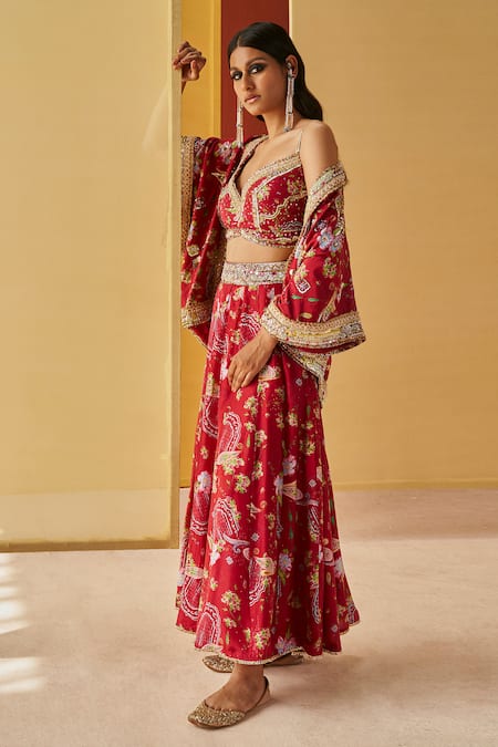 Priyanka Singh Red Silk Embroidery Resham Bustier Floral Print And Shrug Sharara Set  