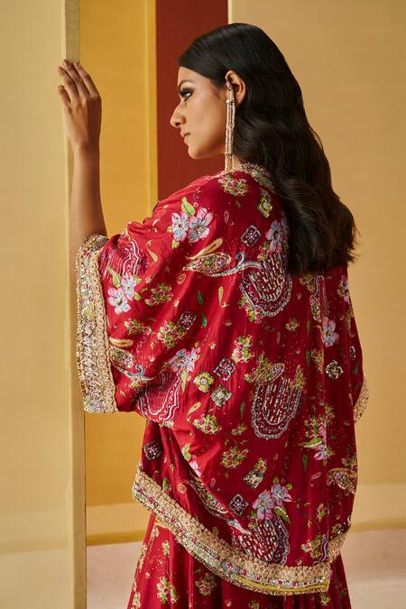Priyanka Singh Red Silk Zari, Embroidery, Sequins Sweetheart Floral Print And Shrug Sharara Set Online at Aza Fashions Priyanka Singh_Red Silk Zari, Embroidery, Sequins Sweetheart Floral Print And Shrug Sharara Set _Online_at_Aza_Fashions