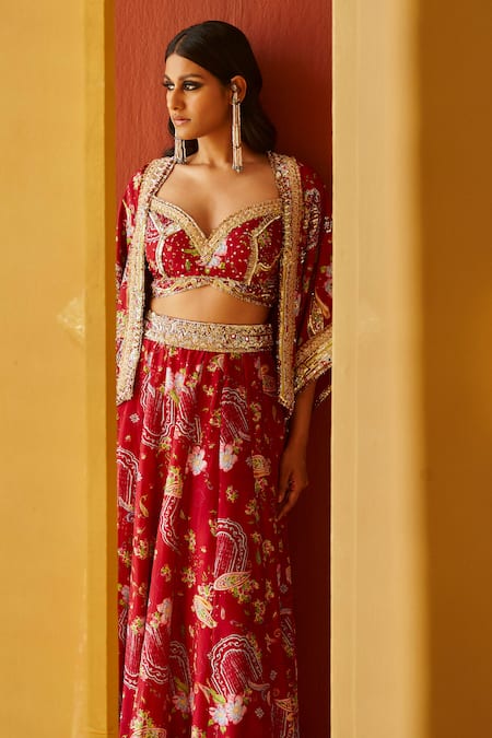Shop Priyanka Singh Red Silk Zari, Embroidery, Sequins Sweetheart Floral Print And Shrug Sharara Set Online at Aza Fashions Shop_Priyanka Singh_Red Silk Zari, Embroidery, Sequins Sweetheart Floral Print And Shrug Sharara Set _Online_at_Aza_Fashions