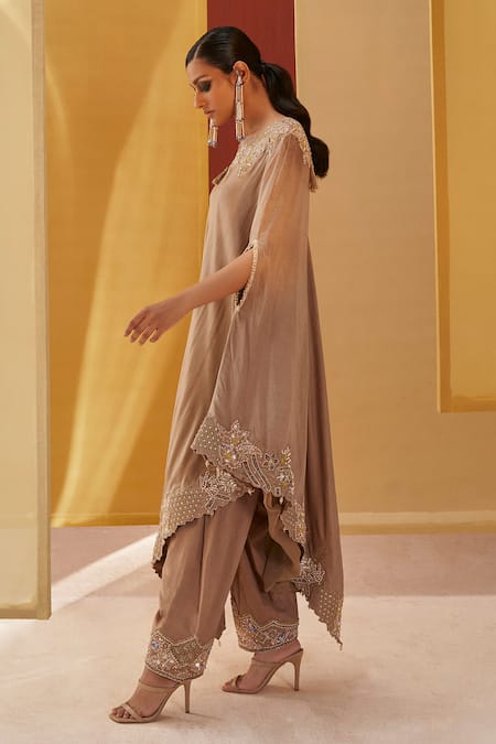 Priyanka Singh Beige Silk Embroidery Boat Neck Resham Kaftan Poncho With Salwar Online at Aza Fashions Priyanka Singh_Beige Silk Embroidery Boat Neck Resham Kaftan Poncho With Salwar _Online_at_Aza_Fashions