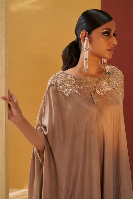 Shop Priyanka Singh Beige Silk Embroidery Boat Neck Resham Kaftan Poncho With Salwar Online at Aza Fashions Shop_Priyanka Singh_Beige Silk Embroidery Boat Neck Resham Kaftan Poncho With Salwar _Online_at_Aza_Fashions