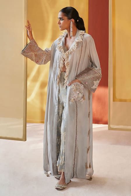 Priyanka Singh Grey Silk, Cotton Sequins, Jute Fringe Laced Shrug And Floral Pattern Pant Set Online at Aza Fashions Priyanka Singh_Grey Silk, Cotton Sequins, Jute Fringe Laced Shrug And Floral Pattern Pant Set _Online_at_Aza_Fashions