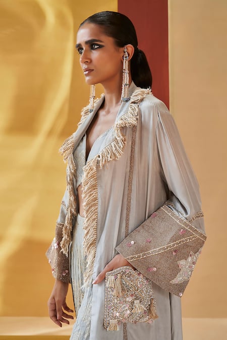 Buy Priyanka Singh Grey Silk, Cotton Sequins, Jute Fringe Laced Shrug And Floral Pattern Pant Set Online at Aza Fashions Buy_Priyanka Singh_Grey Silk, Cotton Sequins, Jute Fringe Laced Shrug And Floral Pattern Pant Set _Online_at_Aza_Fashions