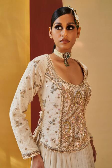 Priyanka Singh Ivory Organza, Silk Zari, Sequins Round Zardosi Embroidered Blouse And Lehenga Set Online at Aza Fashions Priyanka Singh_Ivory Organza, Silk Zari, Sequins Round Zardosi Embroidered Blouse And Lehenga Set _Online_at_Aza_Fashions