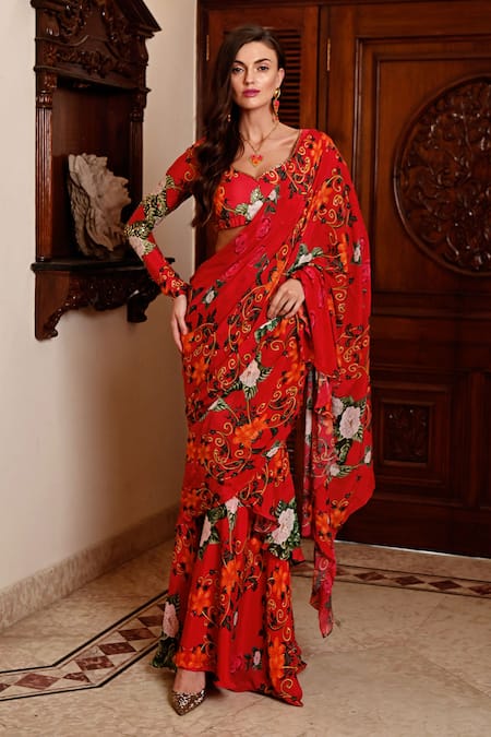 Sanam_Red Chiffon Embroidery Chloe Ruffled Pre-draped Saree With Blouse _Online_at_Aza_Fashions