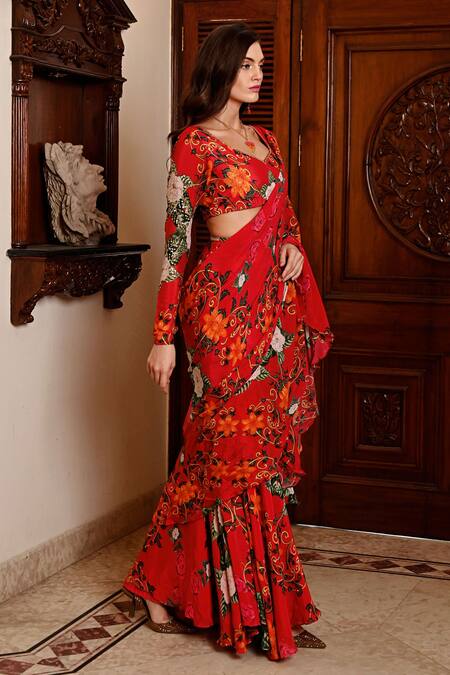 Buy_Sanam_Red Chiffon Embroidery Chloe Ruffled Pre-draped Saree With Blouse _Online_at_Aza_Fashions