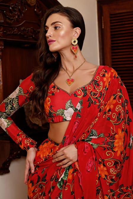 Sanam_Red Chiffon Embroidery Chloe Ruffled Pre-draped Saree With Blouse _at_Aza_Fashions