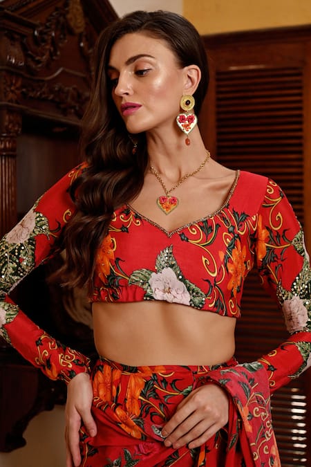 Buy_Sanam_Red Chiffon Embroidery Chloe Ruffled Pre-draped Saree With Blouse 