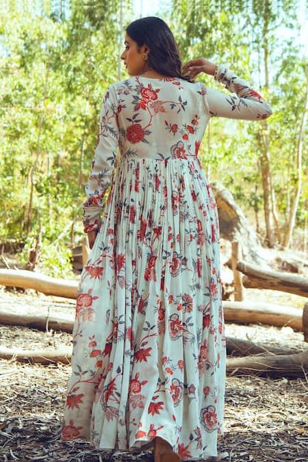 Shop_Paulmi And Harsh_White Georgette U Neck Printed Jacket With Dress _at_Aza_Fashions