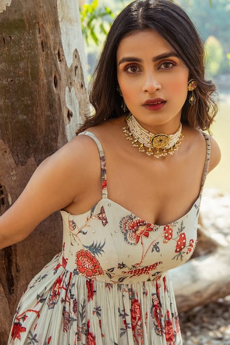 Paulmi And Harsh_White Georgette U Neck Printed Jacket With Dress _Online_at_Aza_Fashions