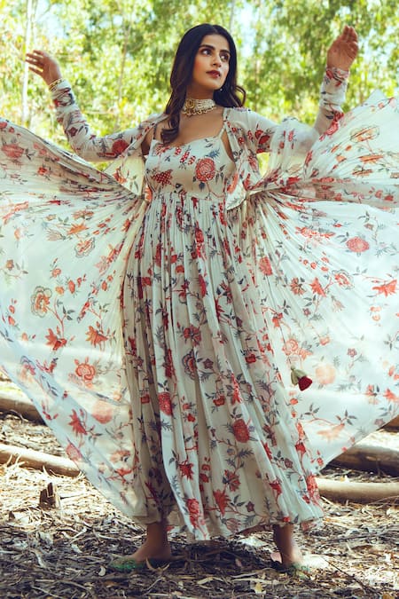 Shop_Paulmi And Harsh_White Georgette U Neck Printed Jacket With Dress _Online_at_Aza_Fashions