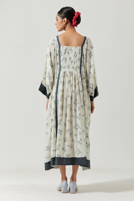 Shop_Label Earthen_Ivory Cotton Mul Floral Square Neck Print Kaftan Dress _at_Aza_Fashions