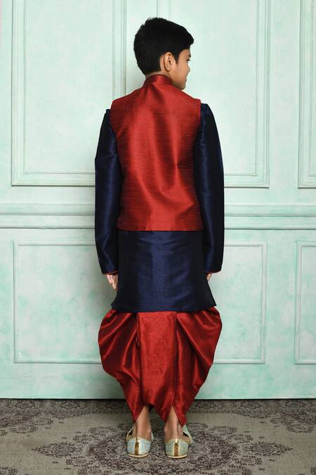 Shop Adara Khan Red Silk Blend Solid Asymmetric Overlap Nehru Jacket at Aza Fashions Shop_Adara Khan_Red Silk Blend Solid Asymmetric Overlap Nehru Jacket _at_Aza_Fashions