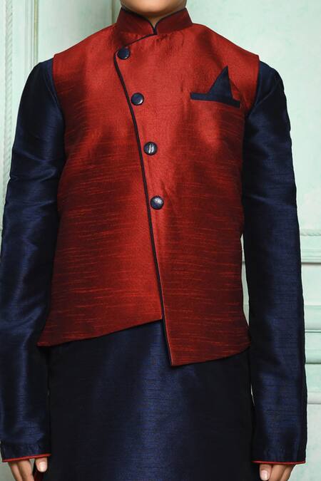 Buy Adara Khan Red Silk Blend Solid Asymmetric Overlap Nehru Jacket Online at Aza Fashions Buy_Adara Khan_Red Silk Blend Solid Asymmetric Overlap Nehru Jacket _Online_at_Aza_Fashions
