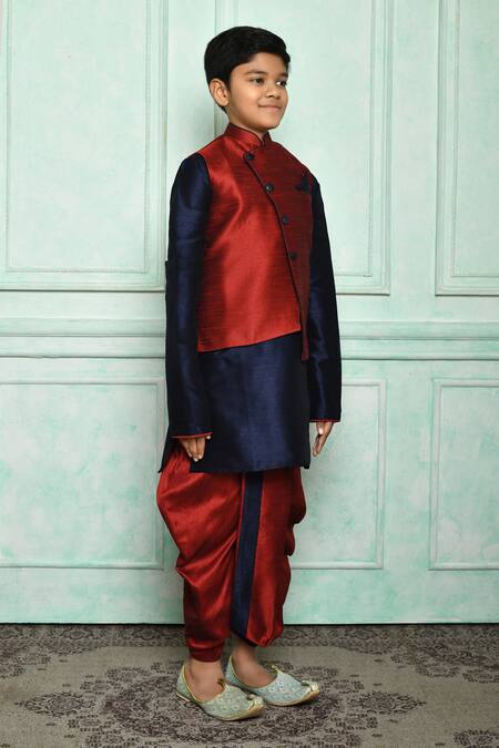 Adara Khan Red Silk Blend Solid Asymmetric Overlap Nehru Jacket at Aza Fashions Adara Khan_Red Silk Blend Solid Asymmetric Overlap Nehru Jacket _at_Aza_Fashions