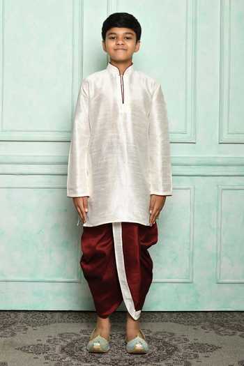 Adara Khan_Cream Silk Blend Solid Plain Kurta And Maroon Dhoti Pant Set _Online_at_Aza_Fashions