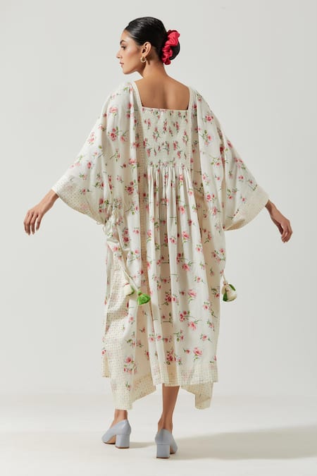 Shop Label Earthen Ivory Cotton Mul Floral Square Neck Printed Kaftan Dress at Aza Fashions Shop_Label Earthen_Ivory Cotton Mul Floral Square Neck Printed Kaftan Dress _at_Aza_Fashions