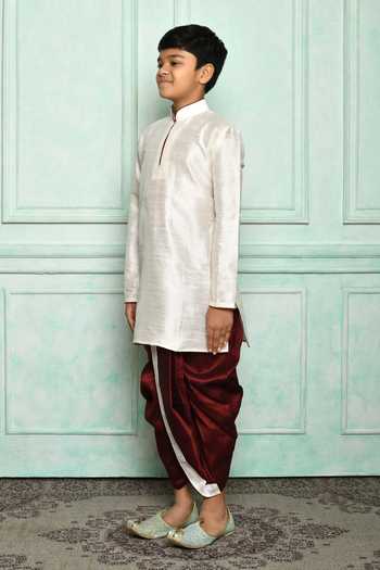 Buy_Adara Khan_Cream Silk Blend Solid Plain Kurta And Maroon Dhoti Pant Set _Online_at_Aza_Fashions