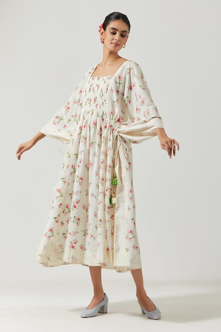Label Earthen Ivory Cotton Mul Floral Square Neck Printed Kaftan Dress Online at Aza Fashions Label Earthen_Ivory Cotton Mul Floral Square Neck Printed Kaftan Dress _Online_at_Aza_Fashions