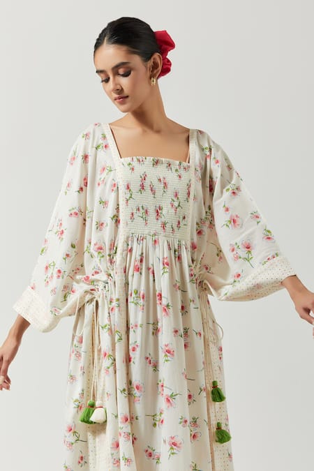 Shop Label Earthen Ivory Cotton Mul Floral Square Neck Printed Kaftan Dress Online at Aza Fashions Shop_Label Earthen_Ivory Cotton Mul Floral Square Neck Printed Kaftan Dress _Online_at_Aza_Fashions