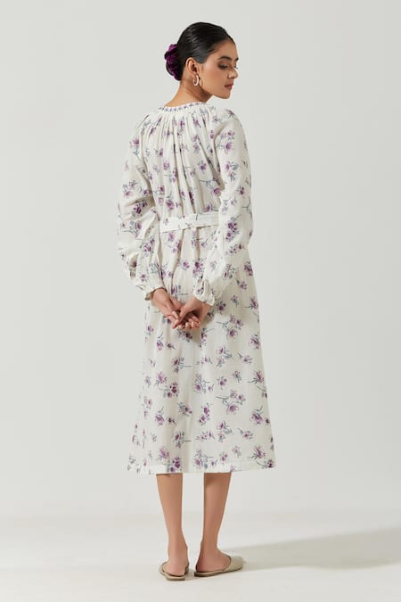 Shop_Label Earthen_Ivory Cotton Mul Floral Round Print Dress _at_Aza_Fashions