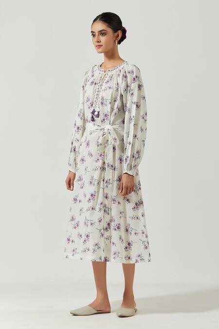 Label Earthen_Ivory Cotton Mul Floral Round Print Dress _Online_at_Aza_Fashions