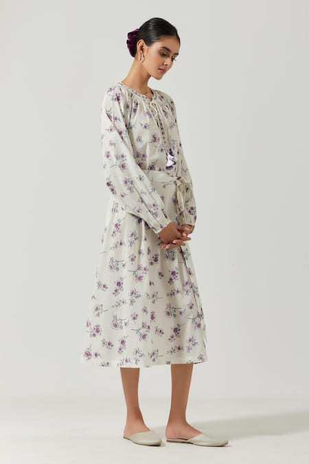 Buy_Label Earthen_Ivory Cotton Mul Floral Round Print Dress _Online_at_Aza_Fashions