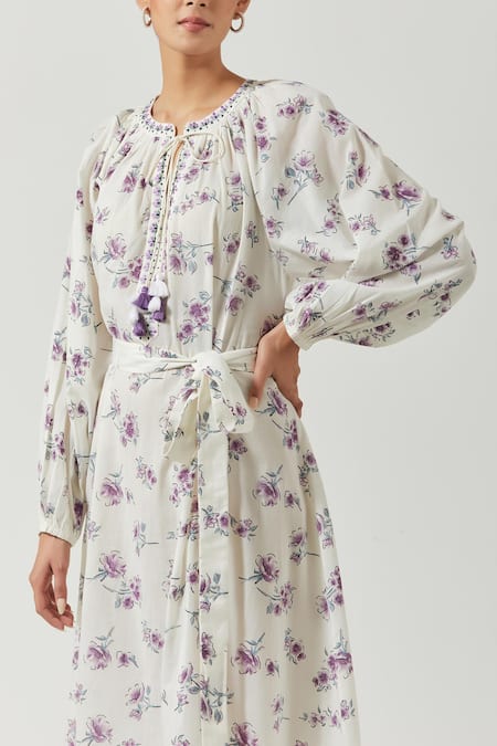 Shop_Label Earthen_Ivory Cotton Mul Floral Round Print Dress _Online_at_Aza_Fashions