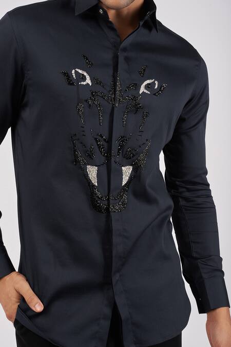 Sanjana Reddy Designs_Blue Cotton Embroidery Tiger Shirt _Online_at_Aza_Fashions